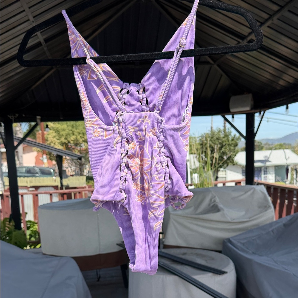 San Lorenzo Purple Floral One-Piece Swimsuit with Orange Accents - Picture 4 of 7